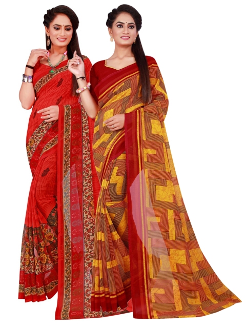 

KALINI Maroon & Red Set Of 2 Floral Pure Georgette Saree