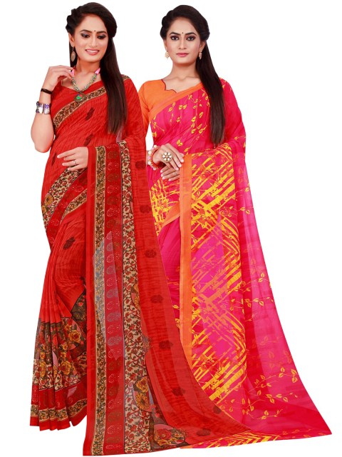 

KALINI Red & Magenta Set of 2 Floral Printed Georgette Saree