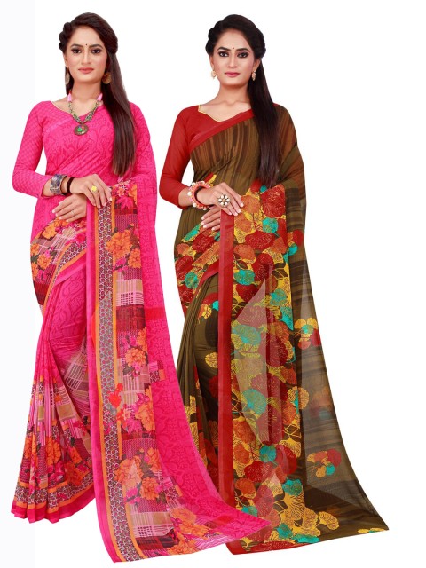 

KALINI Pack Of 2 Pink & Red Floral Pure Georgette Saree
