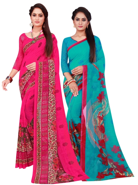 

KALINI Pack of 2 Magenta & Turquoise Blue Floral Pure Georgette Sarees