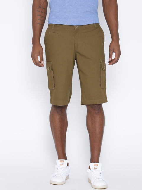 

Hubberholme Men Olive Brown Solid Slim Fit Cargo Shorts