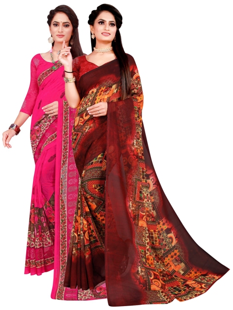 

KALINI Pack Of 2 Pink & Brown Floral Pure Georgette Saree