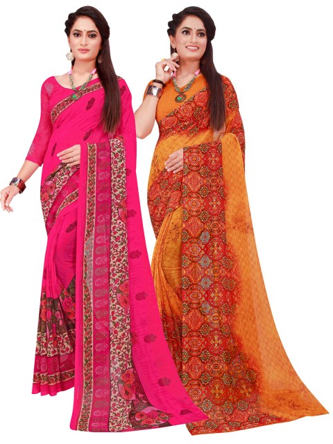 

KALINI Pack Of 2 Orange & Magenta Floral Pure Georgette Saree