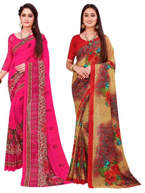 

KALINI Pack of 2 Beige & Magenta Floral Pure Georgette Sarees