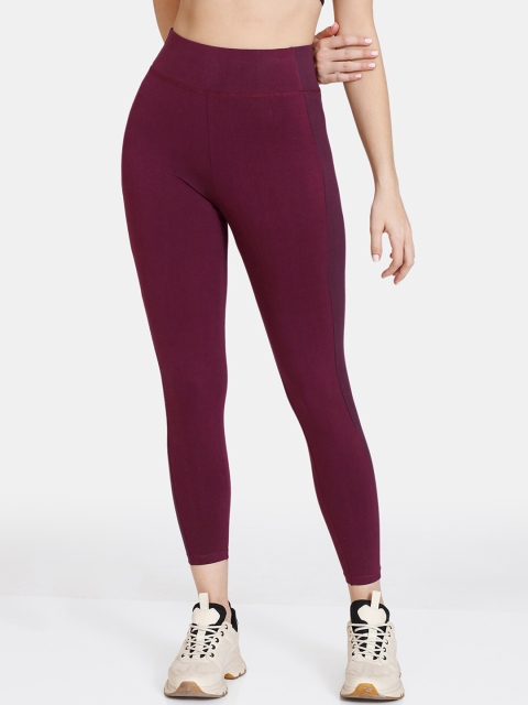 

Zelocity by Zivame Women Maroon Colour Blocked Ankle Length Training Tights