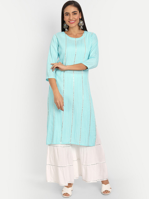 

SINGNI Women Blue Striped Panelled Kurta with Sharara