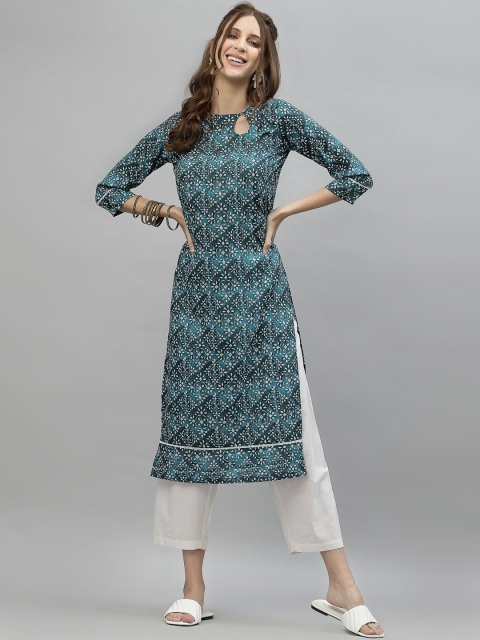 

SANISA Women Teal Keyhole Neck Printed Kurta