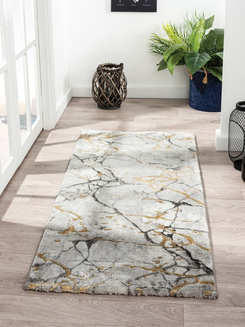 

OBSESSIONS Gold Colured & Grey Abstract Floor Runner