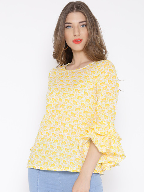 

AND Women Yellow & Off-White Printed Pure Cotton Top