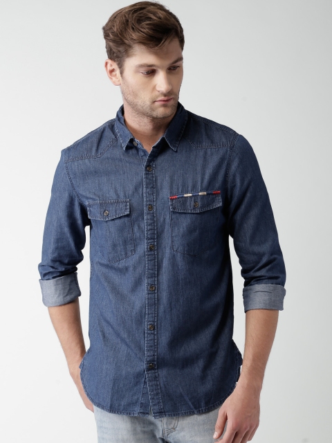 

FOREVER 21 Men Blue Solid Denim Casual Shirt