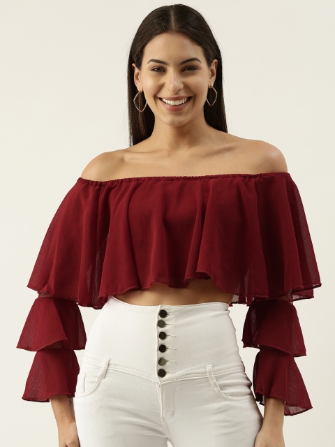 

Martini Women Maroon Solid Off-Shoulder Layered Bardot Crop Top