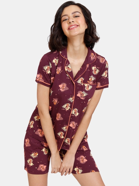 

Zivame Women Maroon & Peach-Coloured Printed Night suit