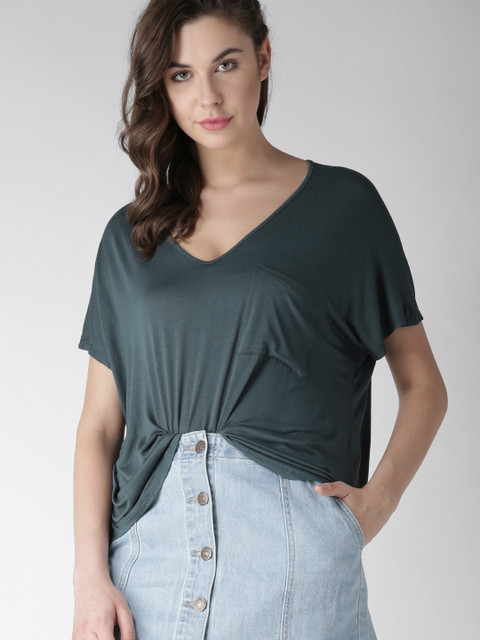 

FOREVER 21 Women Teal Blue Solid Boxy Top