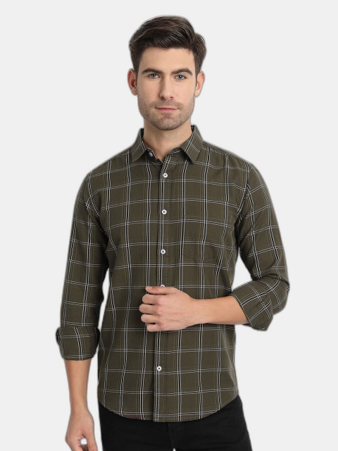 

SORATIA Men Olive Green Slim Fit Tartan Checks Checked Casual Shirt