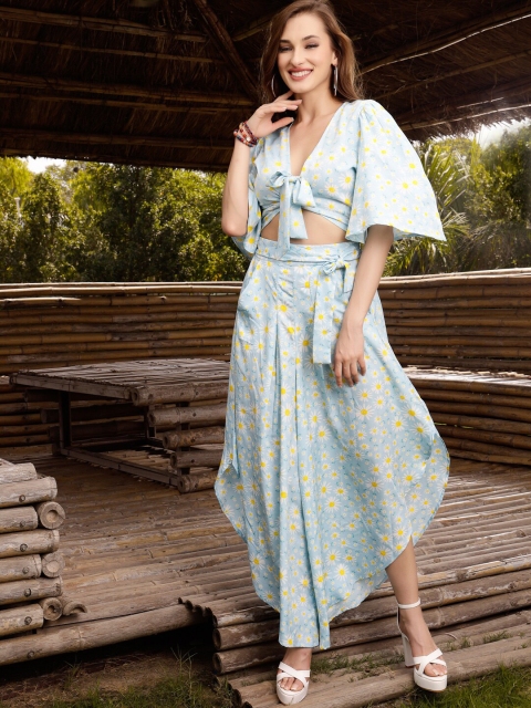 

Sera Women Blue & Yellow Printed Top With Skirt