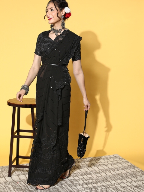 

Mitera Striped Pure Georgette Saree With Embroidered Border, Black