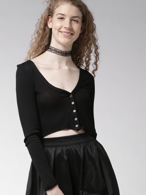 

FOREVER 21 Women Black Solid Crop Fitted Top