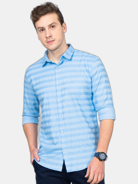 

SORATIA Men Blue Slim Fit Horizontal Stripes Checked Casual Shirt