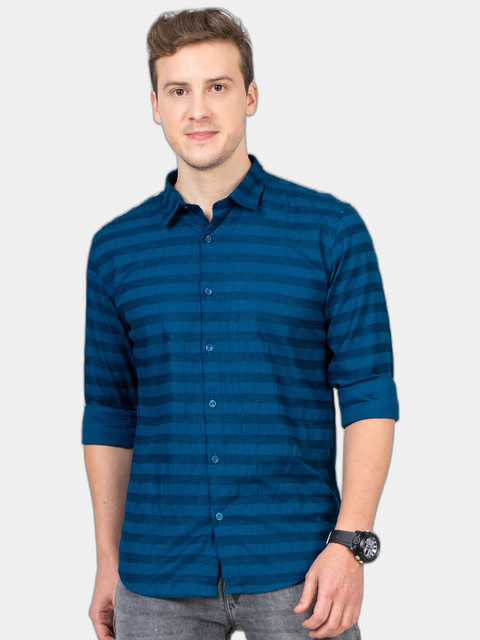 

SORATIA Men Blue Slim Fit Horizontal Stripes Striped Casual Shirt