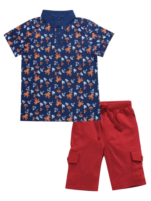 

KiddoPanti Boys Navy Blue & Maroon Printed Pure Cotton T-shirt with Shorts