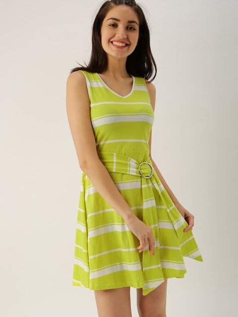 

DressBerry Lime Green Striped Fit & Flare Dress
