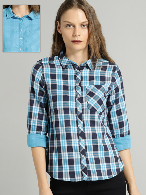 

Roadster Women Blue & White Reversible Checked Casual Shirt
