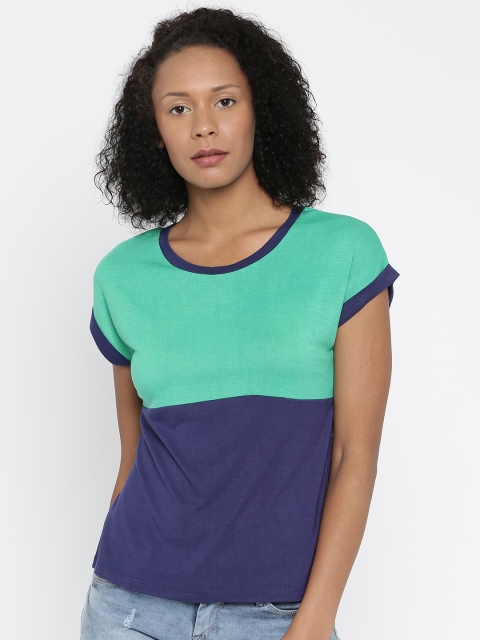 

DressBerry Women Sea Green & Blue Colourblocked Cut-Out Back Top