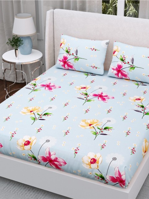 

Aura Blue & Pink Floral 200 TC Queen Bedsheet with 2 Pillow Covers