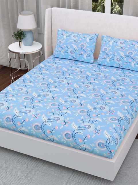 

Aura Blue & Black Floral 200 TC Queen Cotton Bedsheet with 2 Pillow Covers