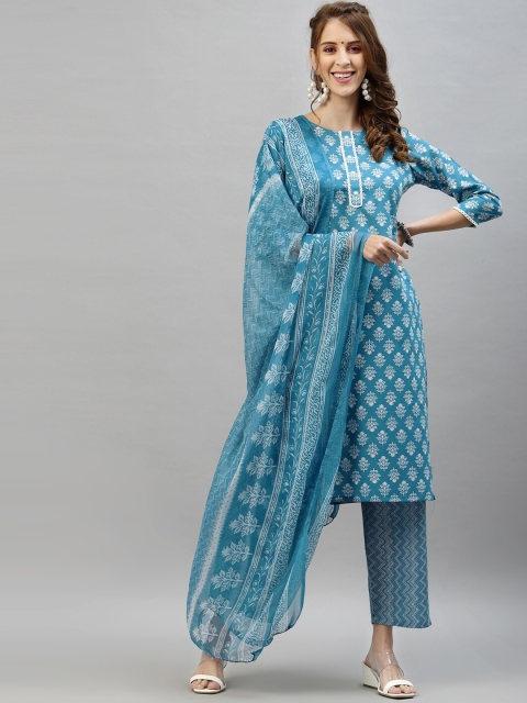 

SANISA Women Turquoise Blue Ethnic Motifs Printed Pure Cotton Kurta with Trousers & With Dupatta