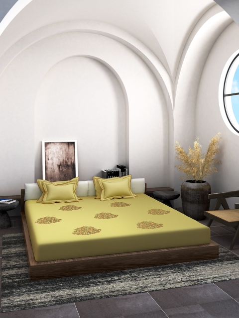 

DDecor Yellow Live Beautiful 210 TC Cotton Double XL Embroidered Bedding Set