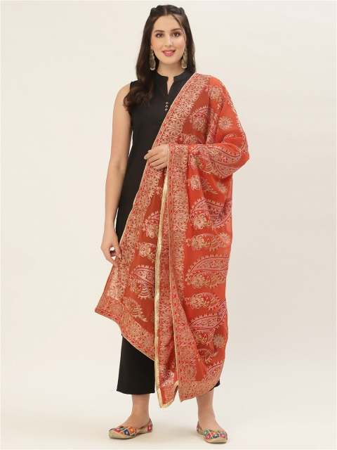 

Pashtush Peach-Coloured & Green Paisley Embroidered Viscose Rayon Dupatta