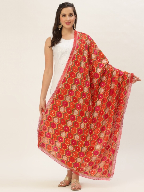 

Pashtush Red & Green Ethnic Motifs Embroidered Dupatta
