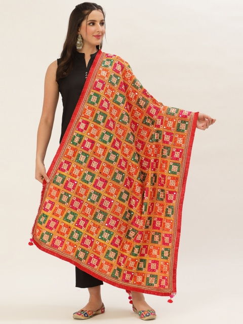 

Pashtush Peach-Coloured & Green Embroidered Viscose Rayon Dupatta
