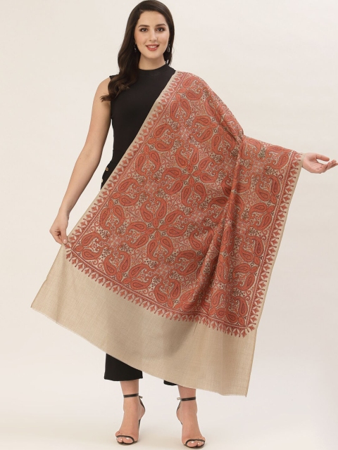 

Pashtush Women Beige & Orange Embroidered Wool Shawl