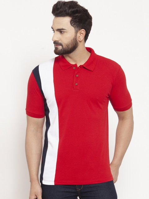 

Kalt Men Red & White Colourblocked Cotton Polo Collar T-shirt