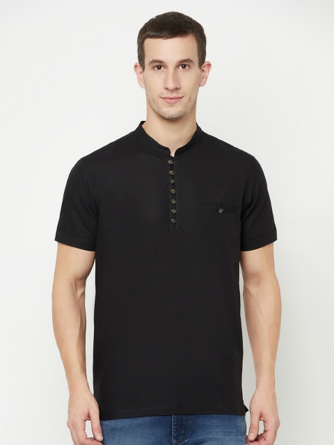

Octave Men Black Solid Cotton Mandarin Collar T-shirt