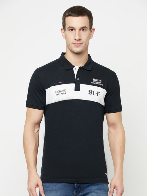 

Octave Men Navy Blue Typography Polo Collar T-shirt