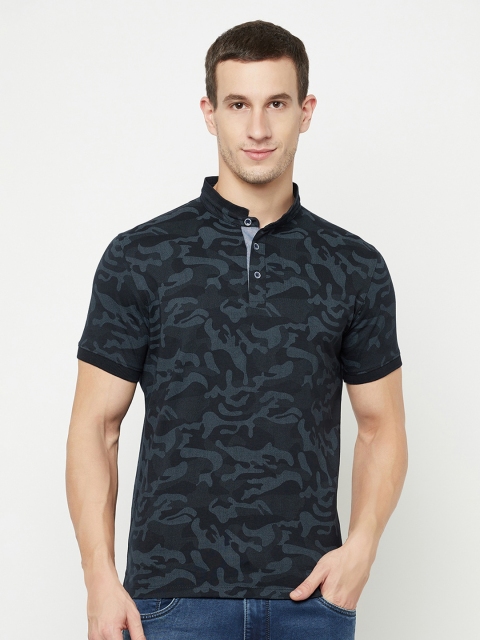 

Octave Men Navy Blue Camouflage Printed Henley Neck T-shirt