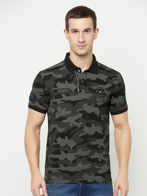 

Octave Men Black Camouflage Printed Polo Collar T-shirt