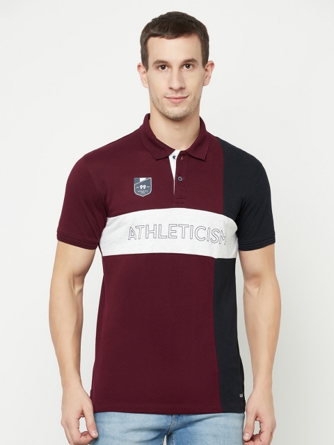 

Octave Men Maroon & Navy Blue Colourblocked Cotton Polo Collar T-shirt