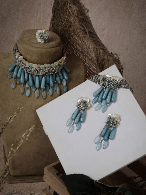 

D'oro Gold-Plated Blue, Grey & White Beaded Handcrafted Jewellery Set