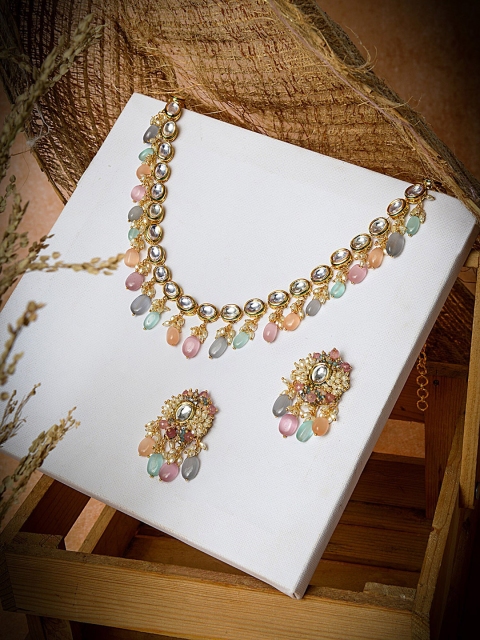 

D'oro Gold-Plated Kundan-Studded & Pastel Pearl-Beaded Delicate Jewellery Set, Multi