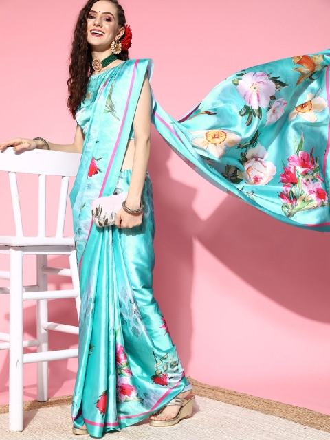 

mokshi Floral Satin Saree with Solid border, Green