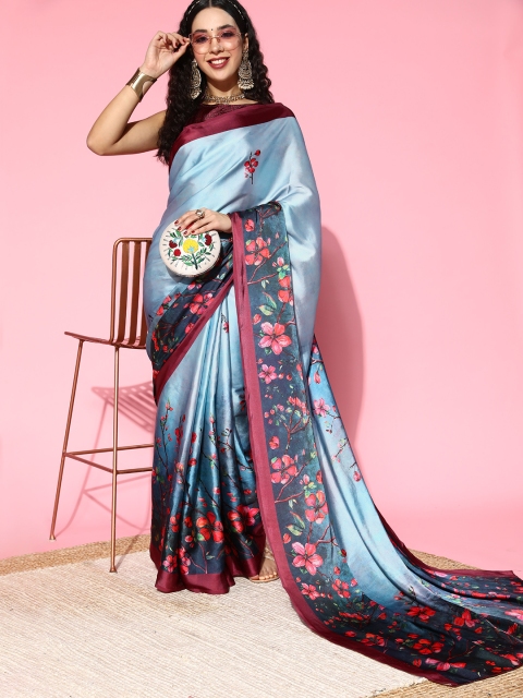 

mokshi Floral Satin Saree with Solid border, Blue