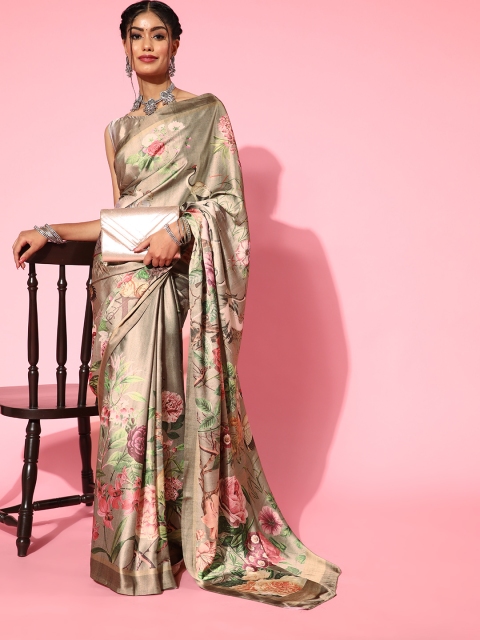 

mokshi Floral Satin Saree With Solid Border, Green