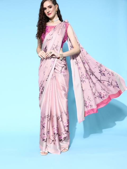 

mokshi Floral Satin Saree, Peach