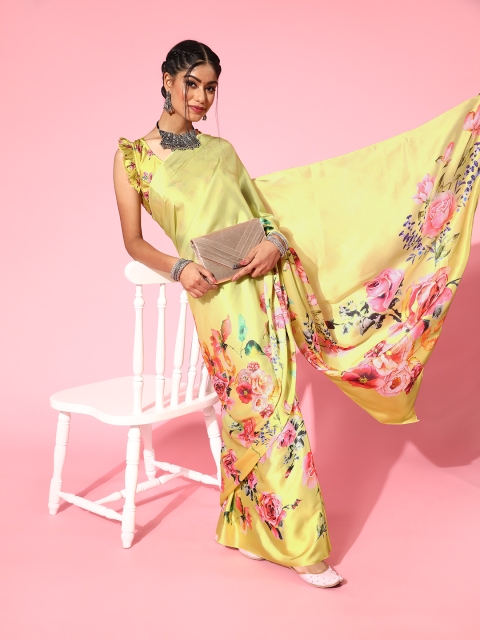 

mokshi Floral Satin Saree With Printed Border, Yellow