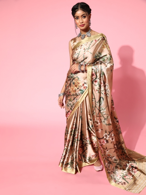 

mokshi Floral Satin Saree With Woven Design Border, Peach