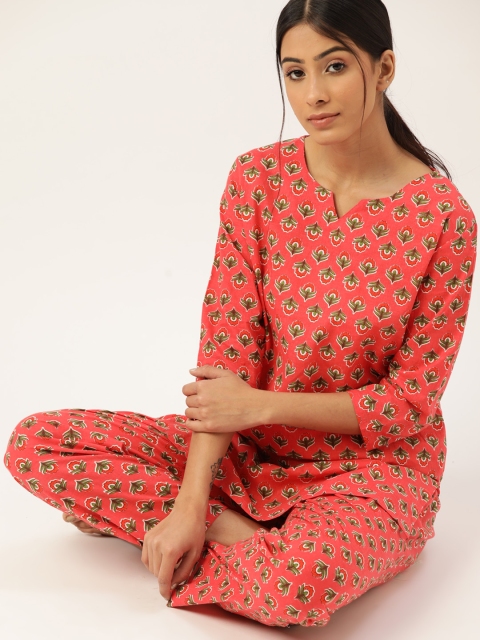 

ETC Women Peach-Coloured & Olive Green Printed Pure Cotton Night suit